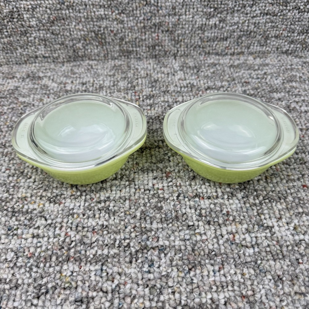 Vintage Pyrex Lot Of 2 Lime Green Individual Casserole Dish with Lid 8oz
